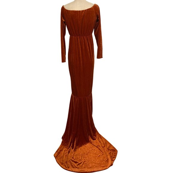 Vintage Rust Velvet Long Sleeve Gown With Train - Picture 1 of 12
